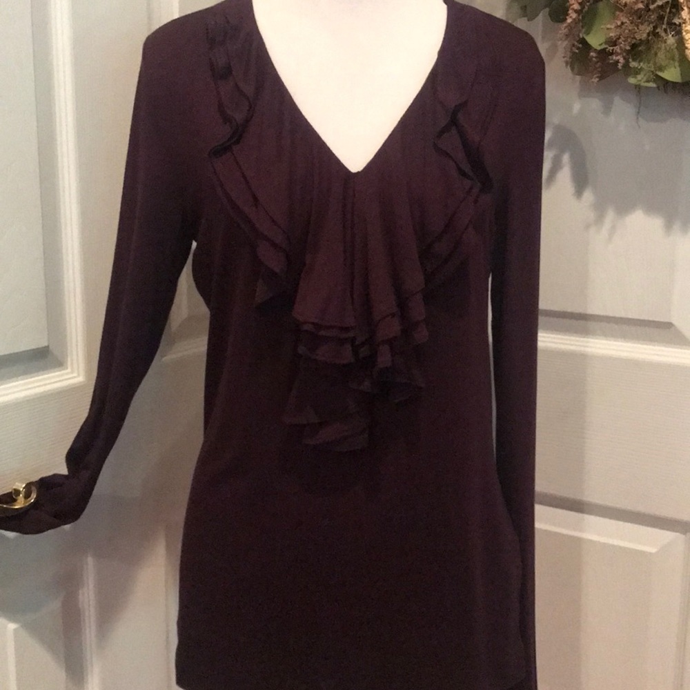 Adrienne Vittadini plum colored ruffle front top